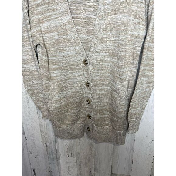 Women's Tan and White Cardigan Sweater M V-Neck Button-Up Long Sleeve Forever 21 - Picture 2 of 6